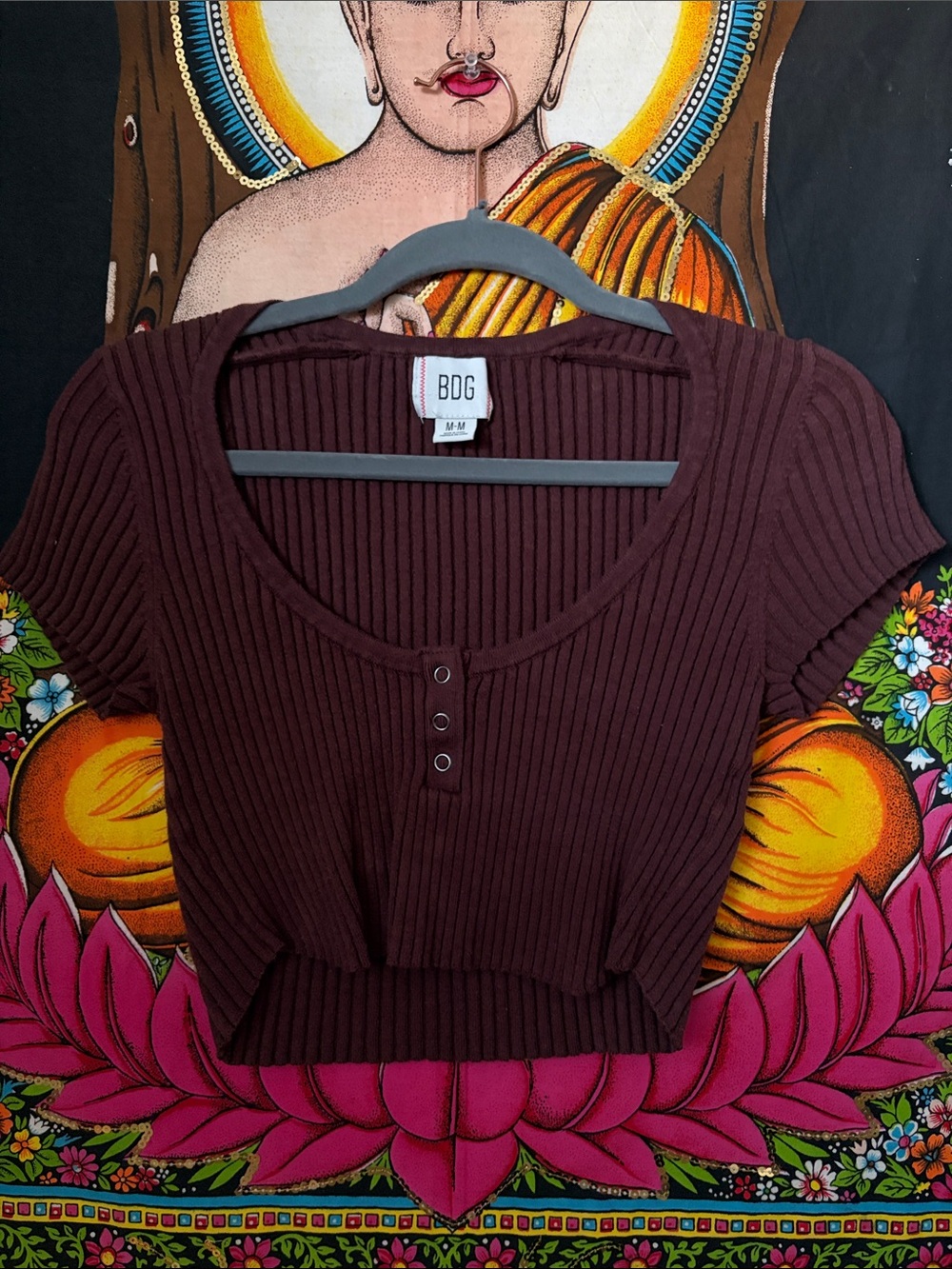 BDG Ribbed Henley Crop Top in Burgundy
